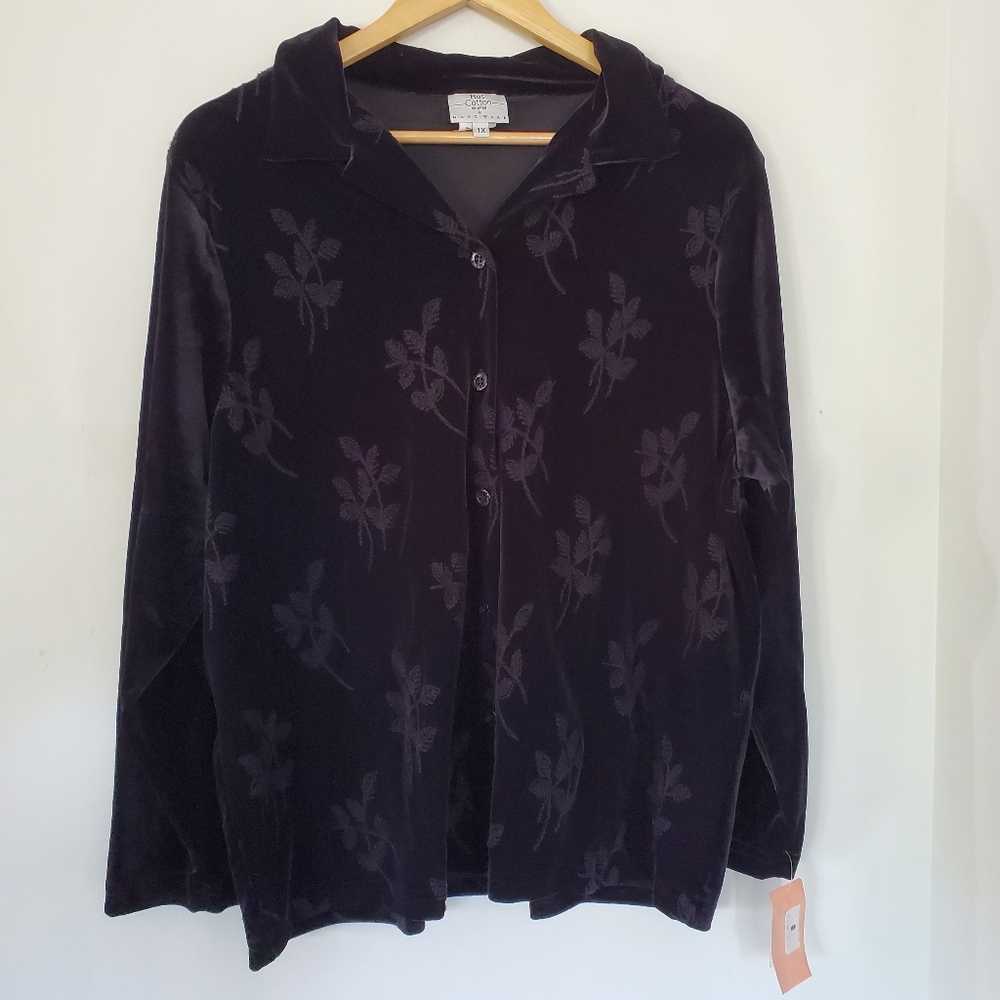 NWT HOT COTTON 1X Velour Velvet Black LS Button Shirt Top Leaf Embroidery 90s